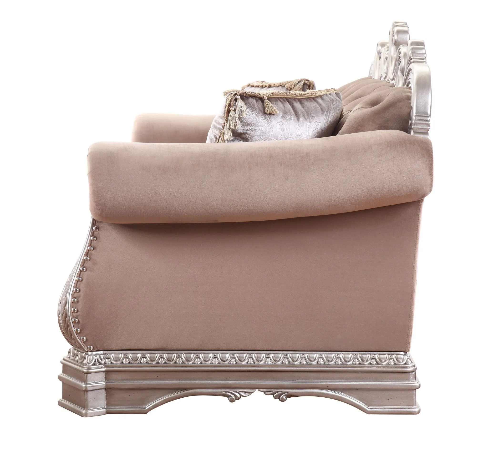 80 Champagne Velour Loveseat and Toss Pillows