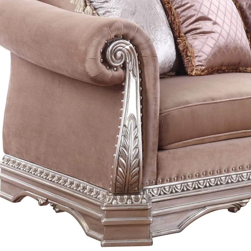 80 Champagne Velour Loveseat and Toss Pillows