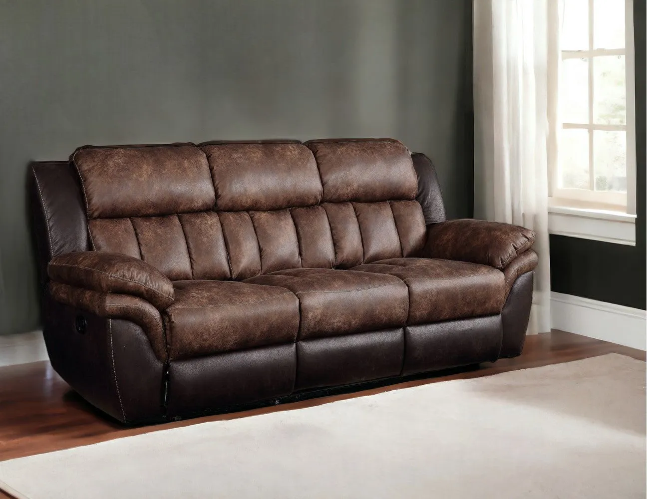 91 Espresso And Black Microfiber Reclining Sofa