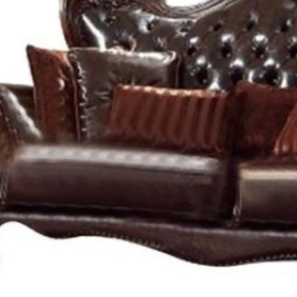 93 Brown Faux Leather And Cherry Blossom Pink Sofa With Seven Toss Pillows