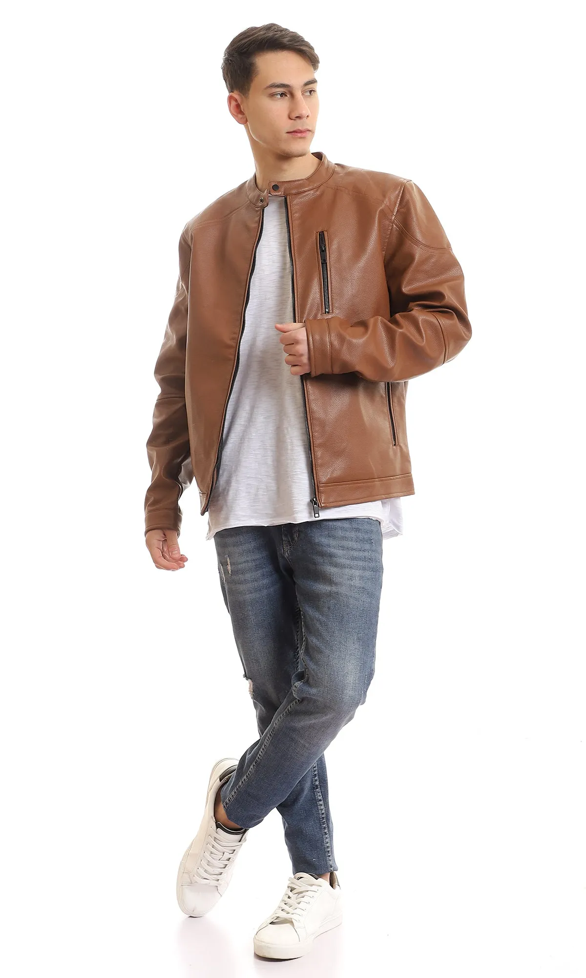 95853 Band Collar Chest Zipper Pocket Leather Jacket - Havana