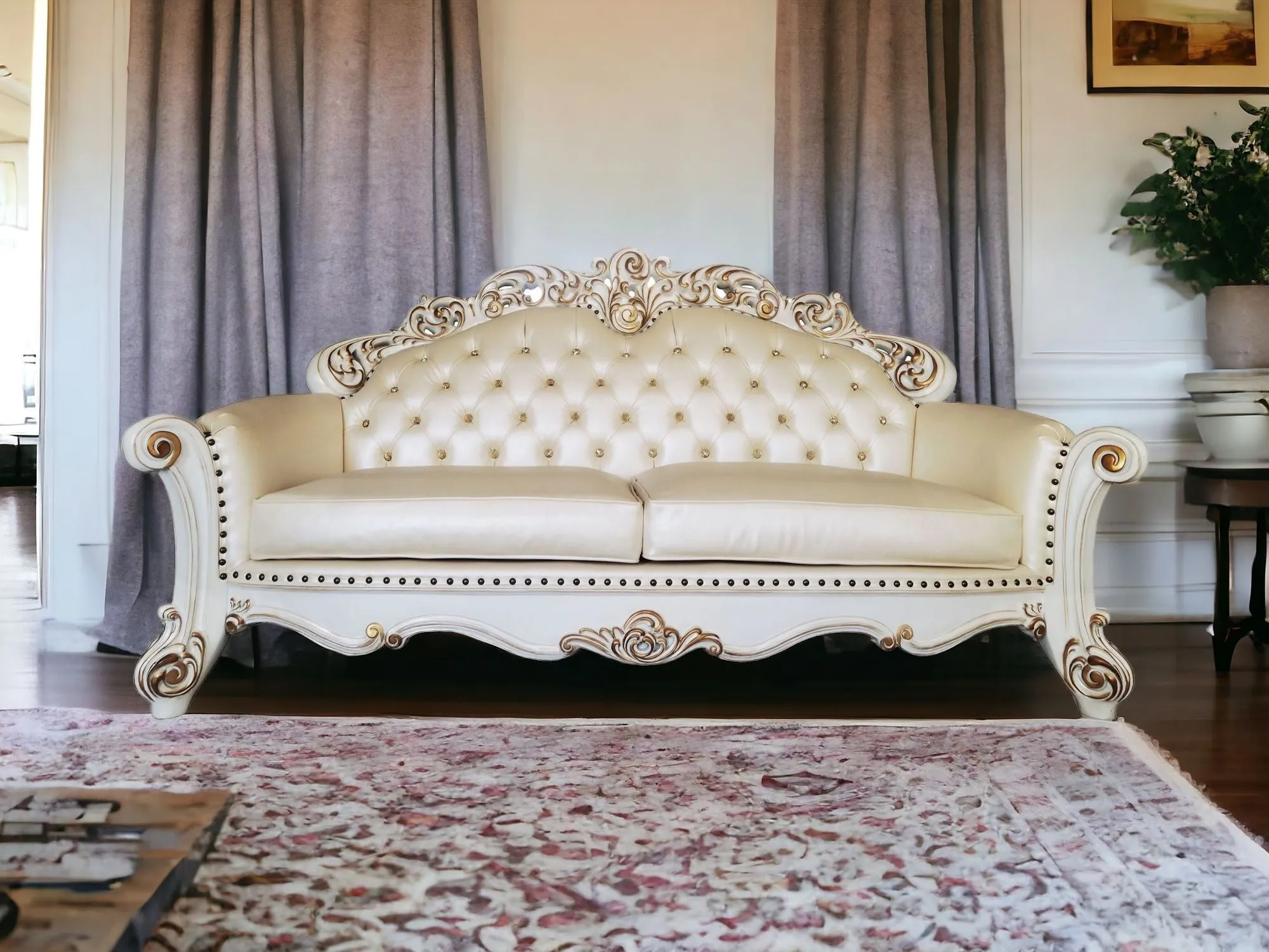 96 Champagne Faux Leather And Pearl Sofa With Five Toss Pillows