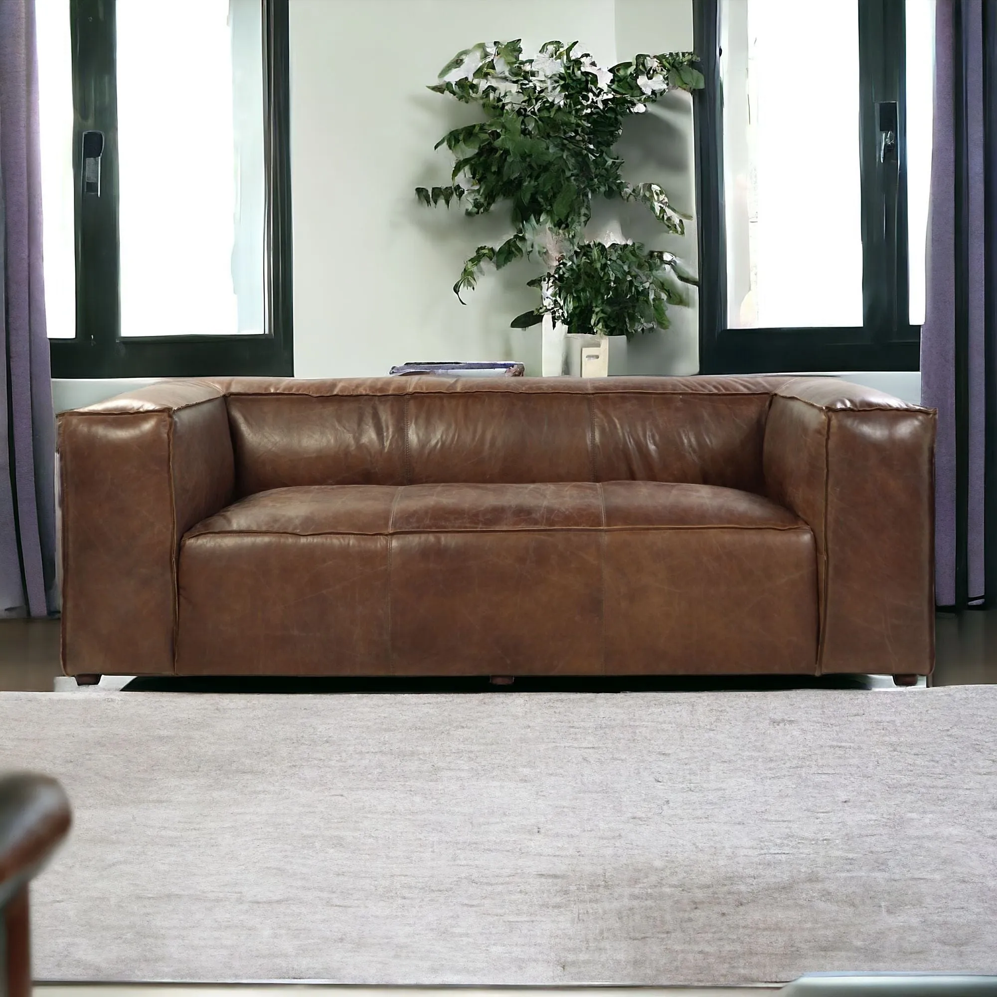 98 Brown Top Grain Leather And Black Sofa