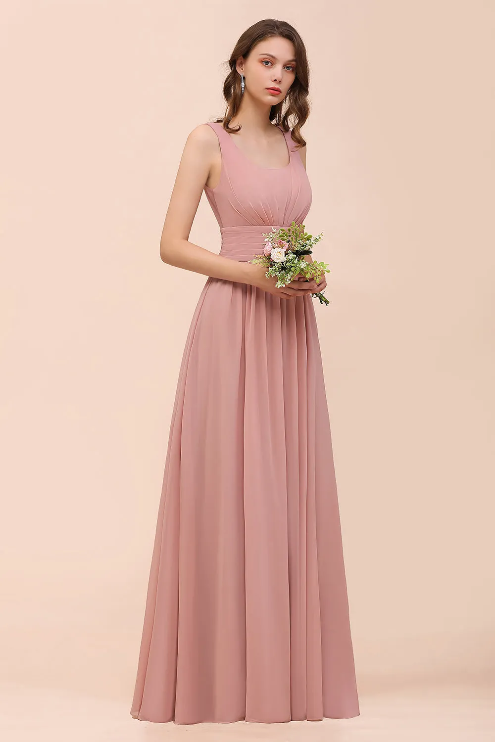 Affordable Long A-line Chiffon Mauve Bridesmaid Dress