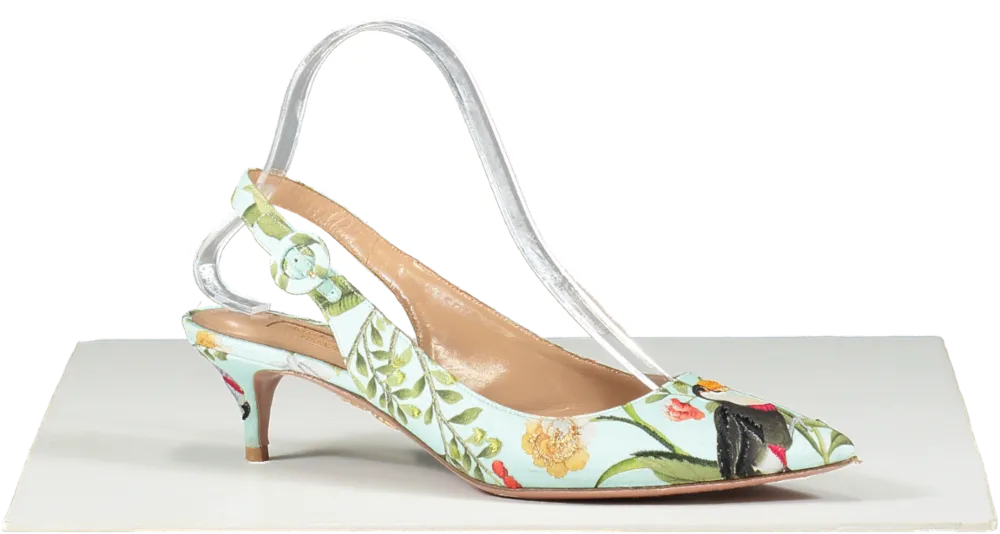 Aquazzura Green De Gournay Amazonia 45 Embroidered Printed Crepe Slingback Pumps - Mint UK 5 EU 38 👠