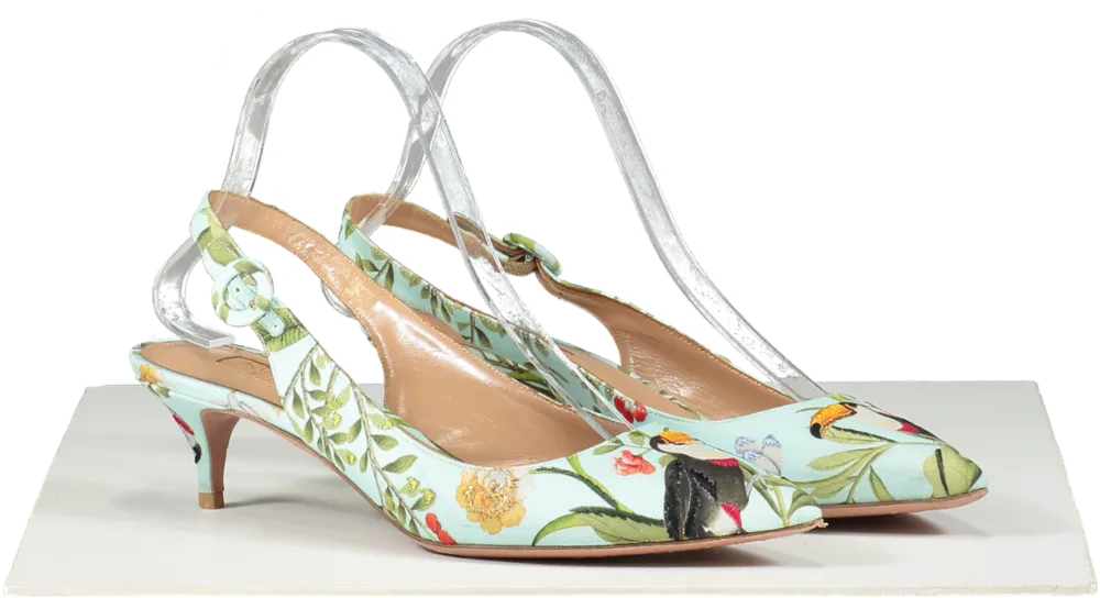 Aquazzura Green De Gournay Amazonia 45 Embroidered Printed Crepe Slingback Pumps - Mint UK 5 EU 38 👠