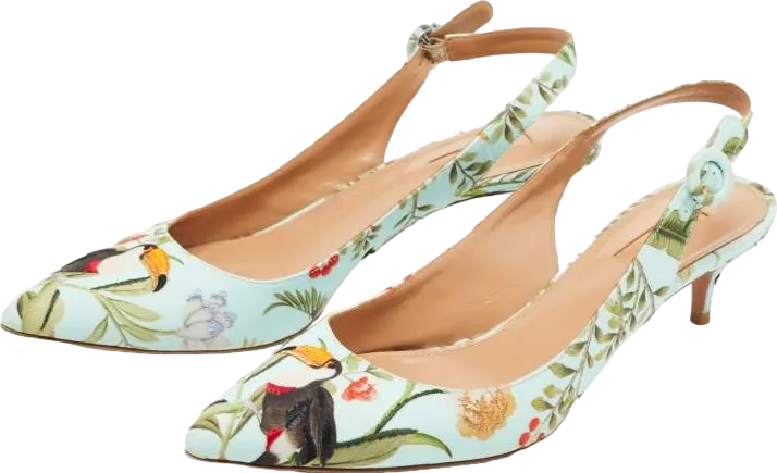 Aquazzura Green De Gournay Amazonia 45 Embroidered Printed Crepe Slingback Pumps - Mint UK 5 EU 38 👠