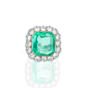 Art Deco Inspired 9.36 Carat Natural Colombian Emerald & Diamond Halo Ring