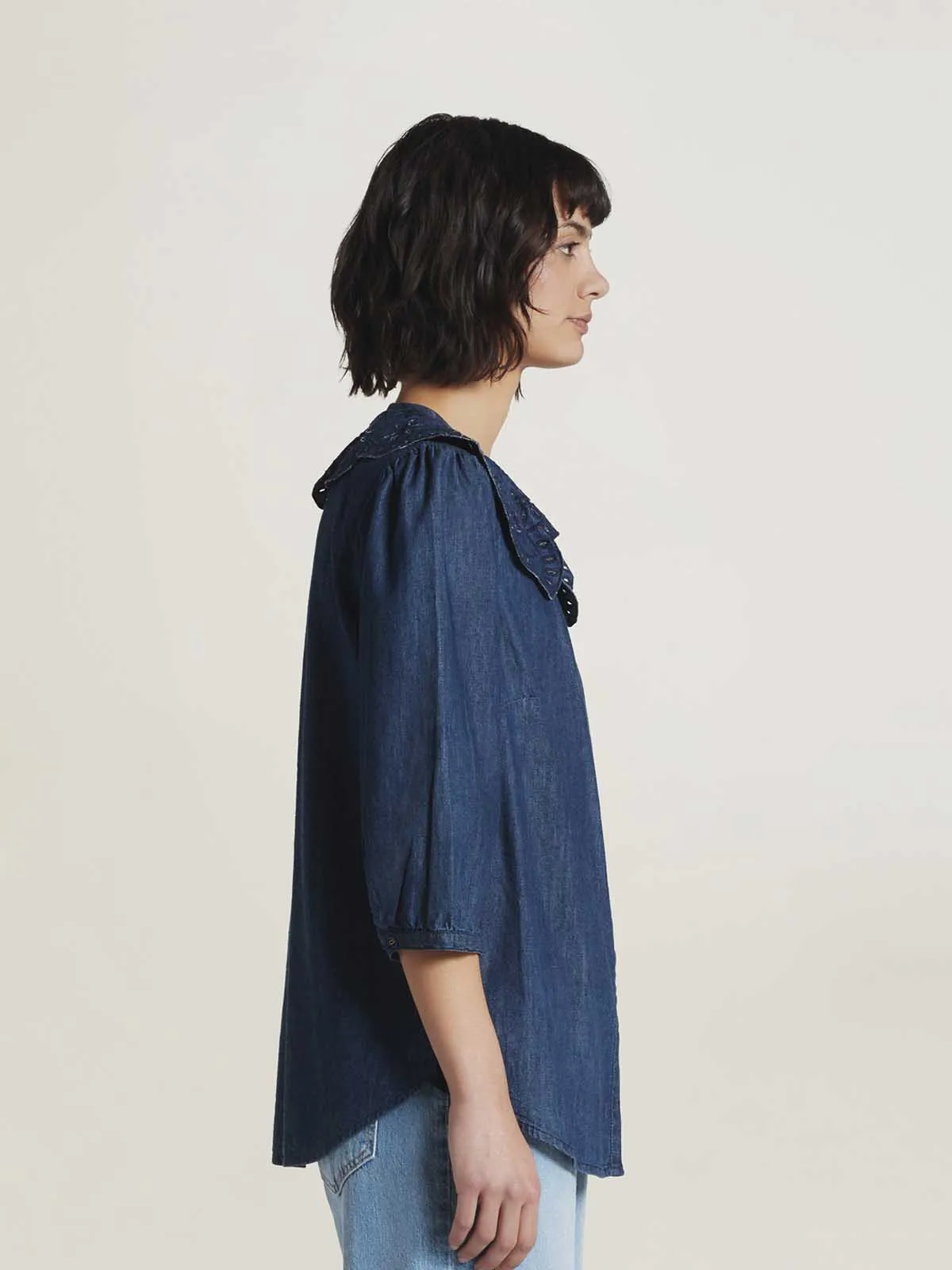 Asterope Organic Cotton Chambray Embroidered Shirt - Dark Indigo Blue