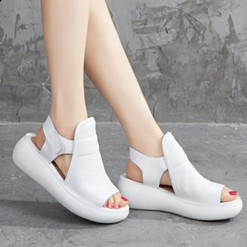 Babakud Solid Leather Platform Velcro Sandals