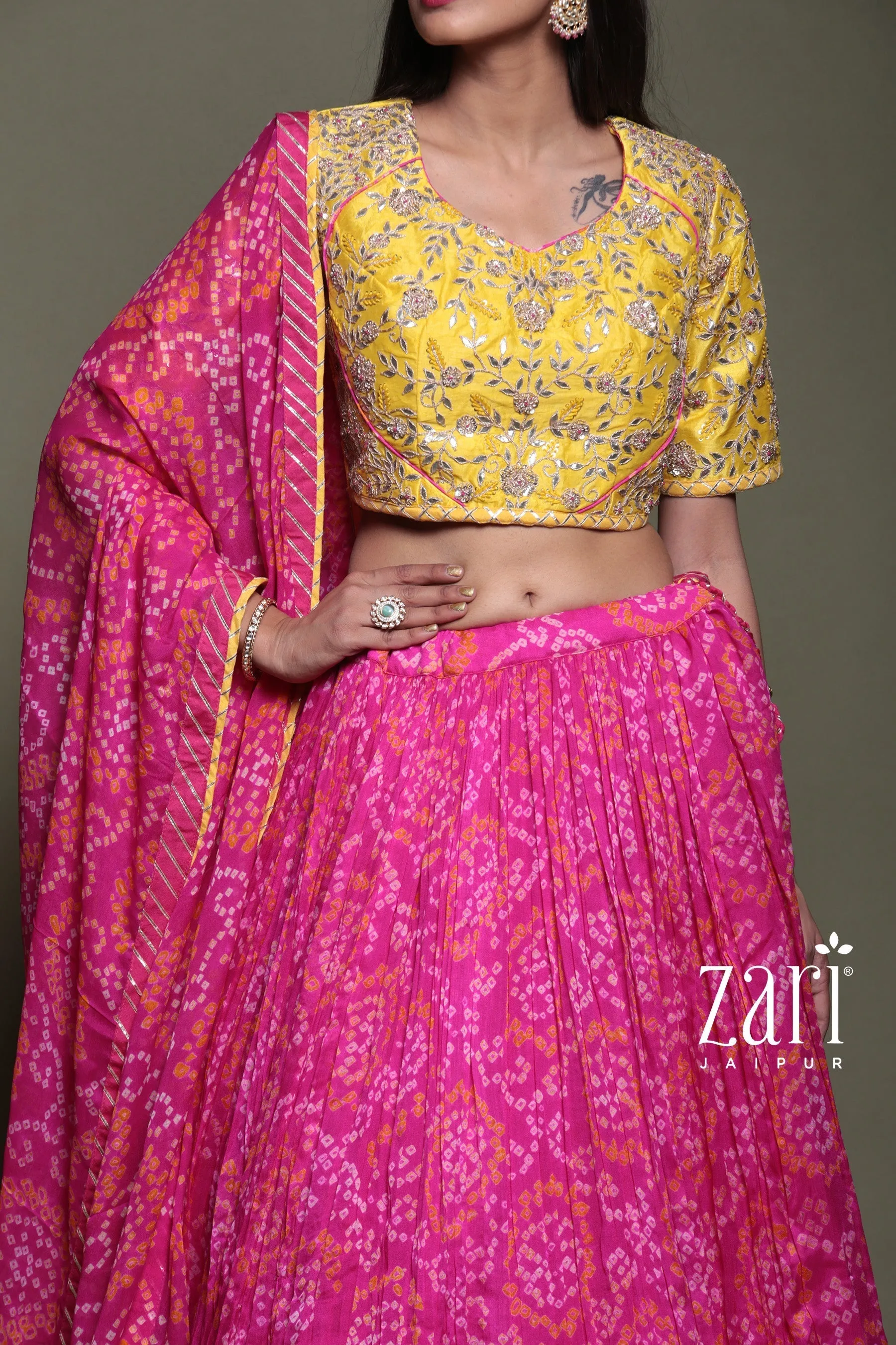 Bandhej Chinon silk Lehenga with Aari, Gota Patti, Sequins, Thread, Zardozi work.