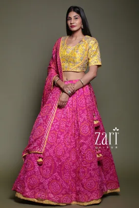 Bandhej Chinon silk Lehenga with Aari, Gota Patti, Sequins, Thread, Zardozi work.