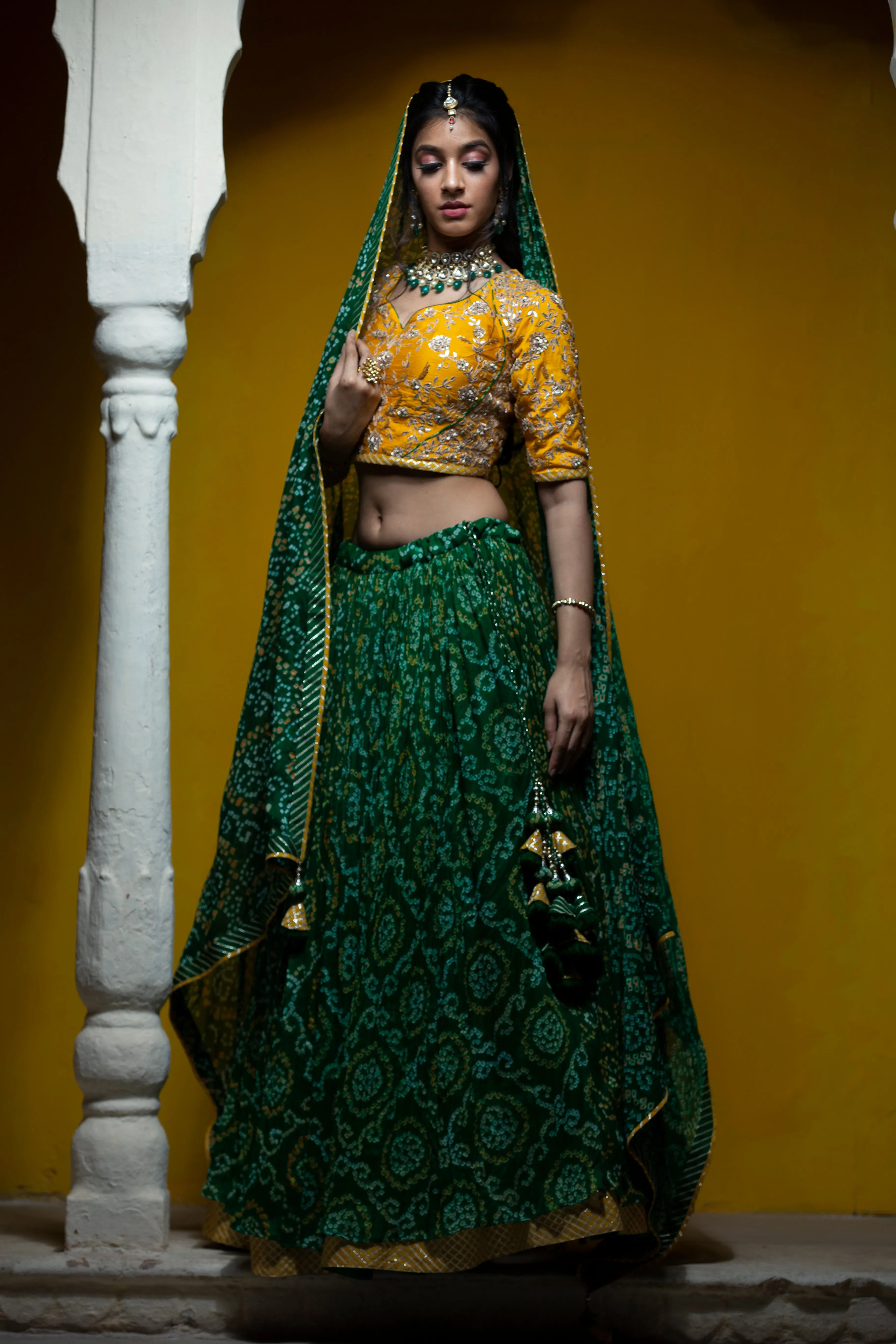 Bandhej Chinon silk Lehenga with Aari, Gota Patti, Sequins, Thread, Zardozi work.