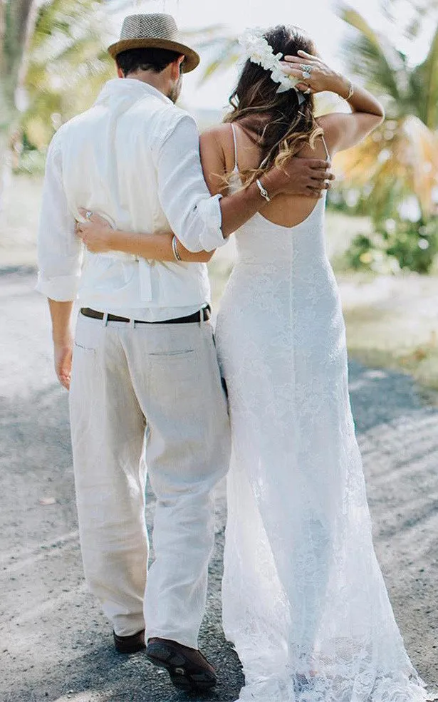 Beach Floral Boho Lace Wedding Dress Fantasy Elopement Destination Split Front Spaghetti Straps Low Back Bridal Gown