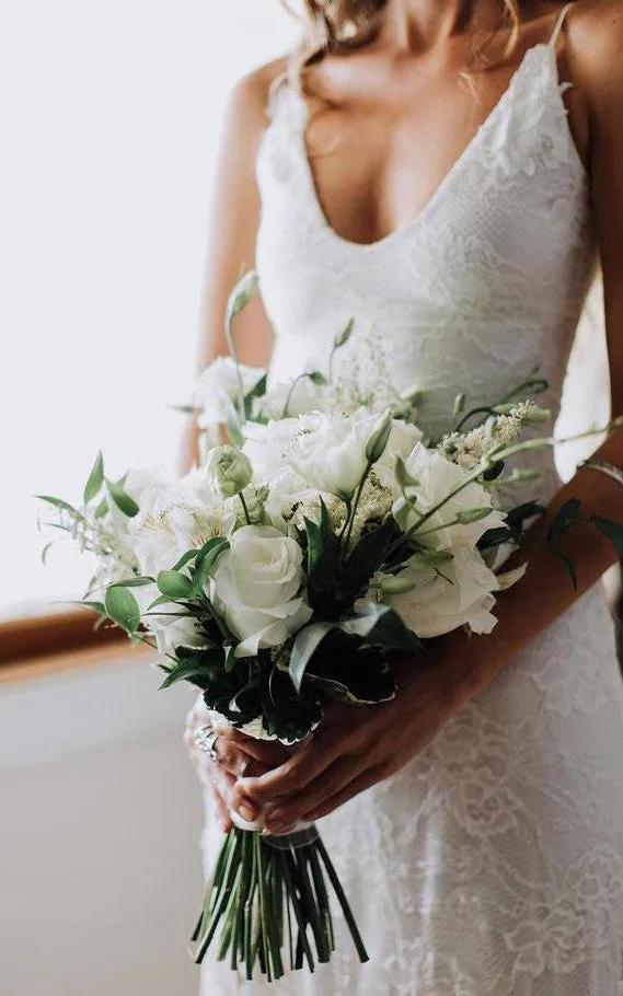 Beach Floral Boho Lace Wedding Dress Fantasy Elopement Destination Split Front Spaghetti Straps Low Back Bridal Gown