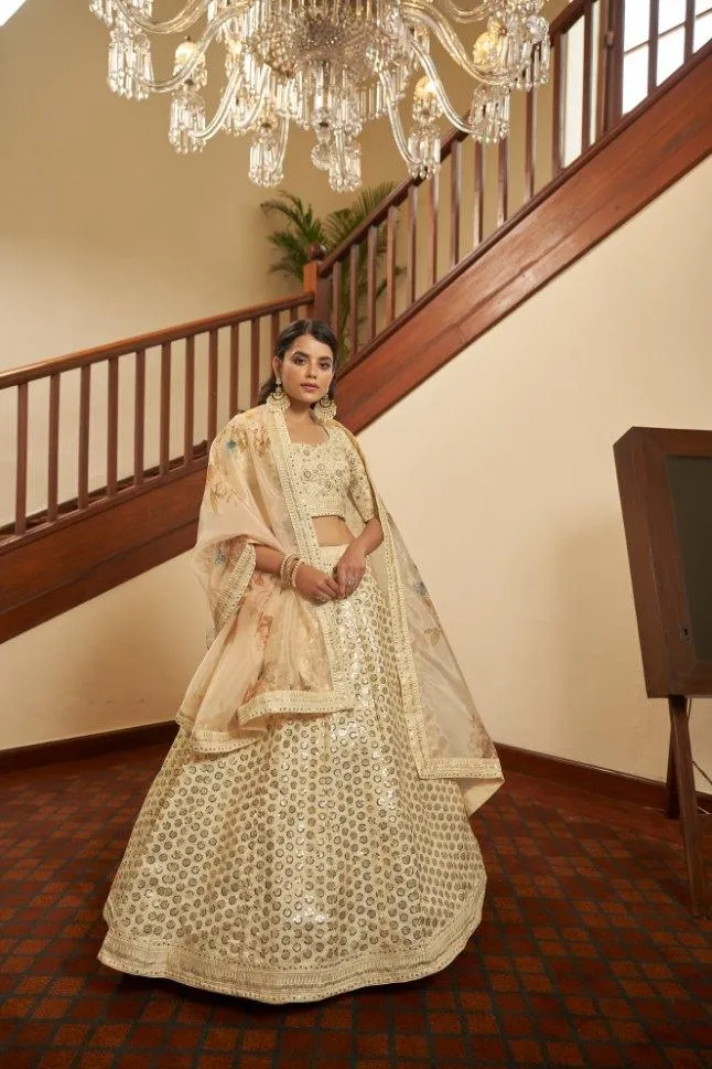 Beige Art Silk Lehenga - Rent