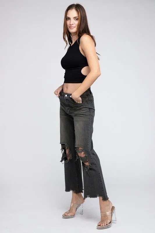 BiBi Distressed Vintage Washed Wide Leg Pants