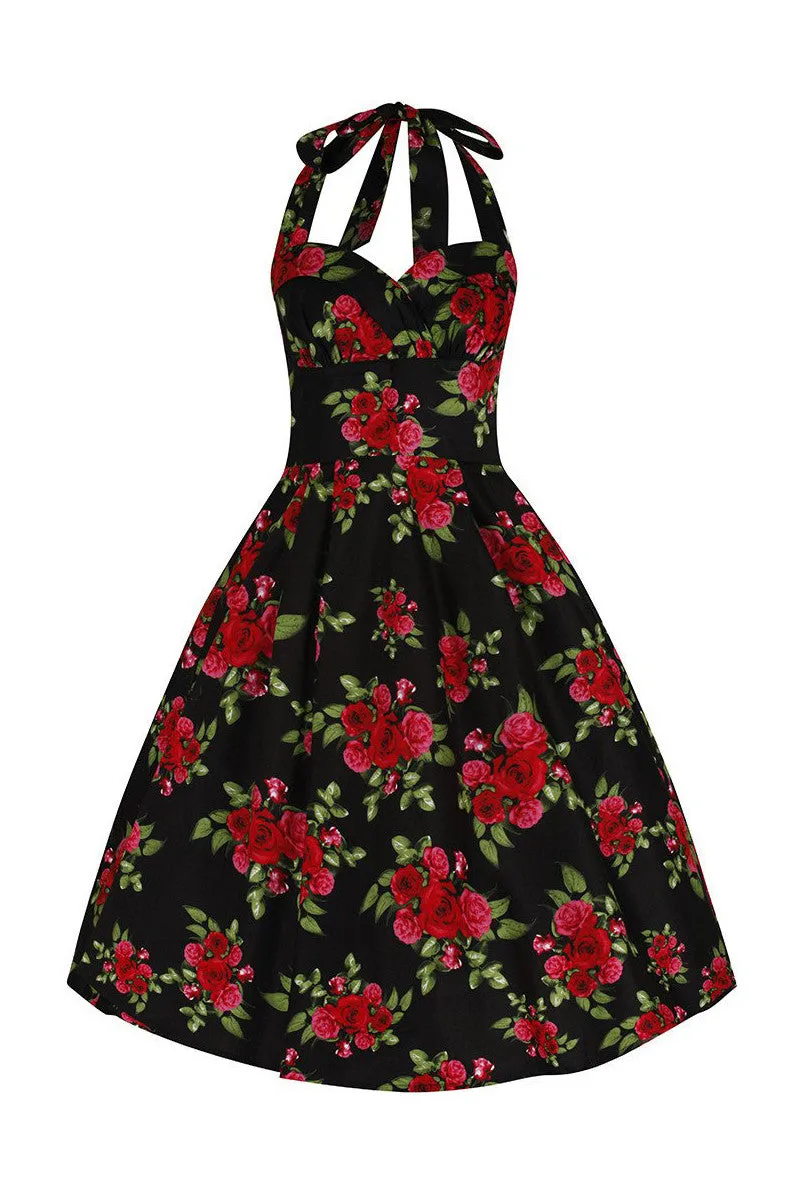 Black and Red Roses Vintage 50s Halterneck Rockabilly Dress