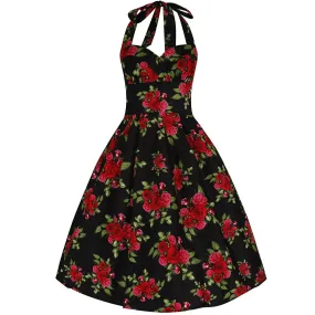 Black and Red Roses Vintage 50s Halterneck Rockabilly Dress