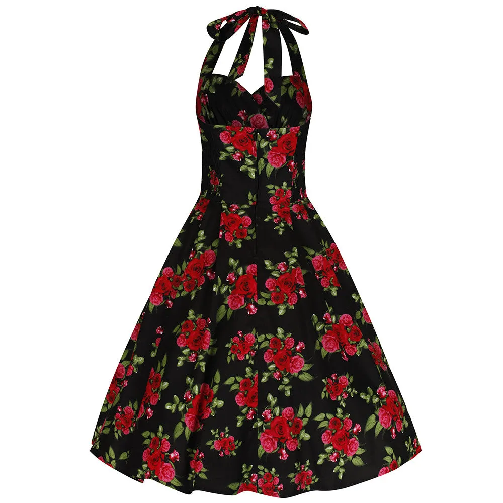 Black and Red Roses Vintage 50s Halterneck Rockabilly Dress