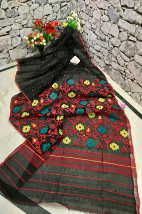 Black Color Bangladeshi Jamdani Saree with Multicolored Buti Work