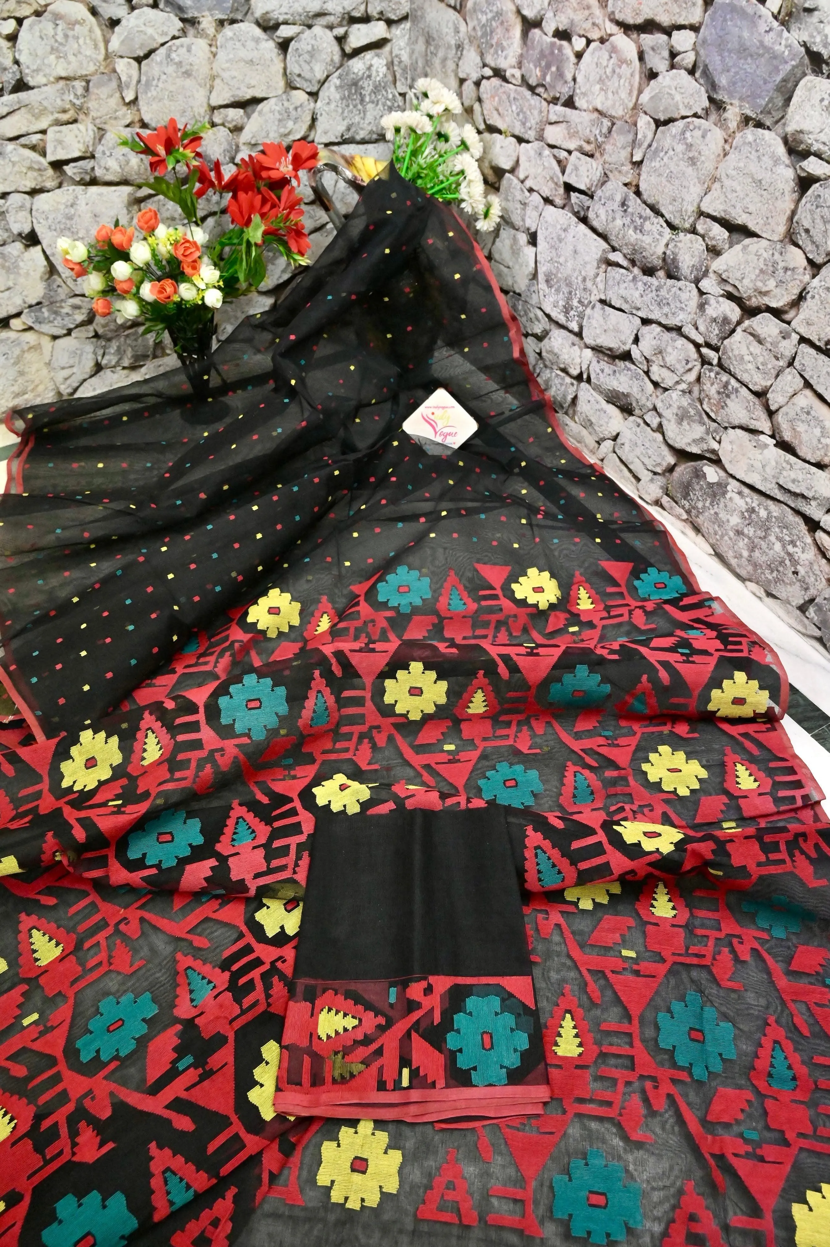 Black Color Bangladeshi Jamdani Saree with Multicolored Buti Work