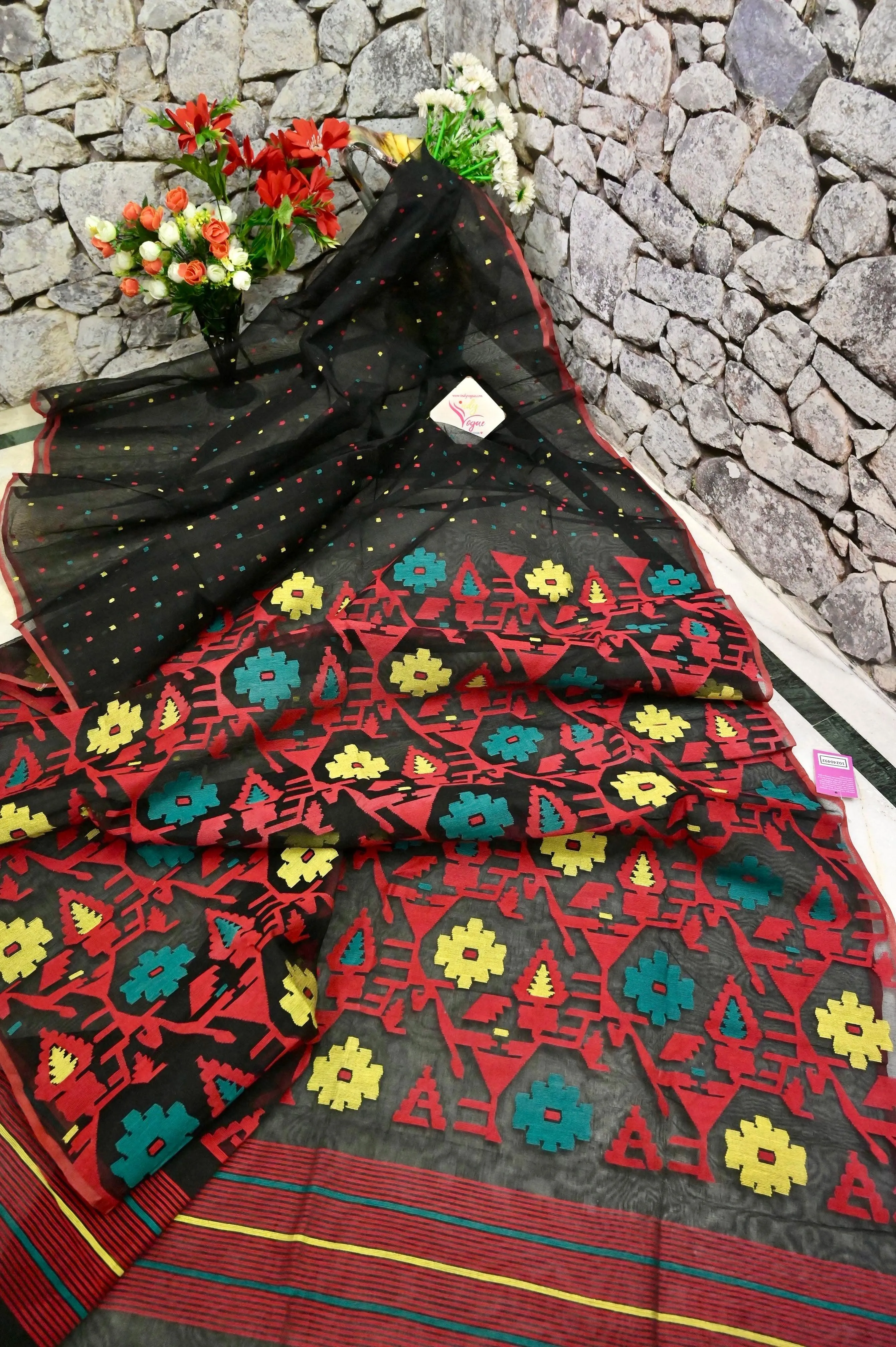 Black Color Bangladeshi Jamdani Saree with Multicolored Buti Work