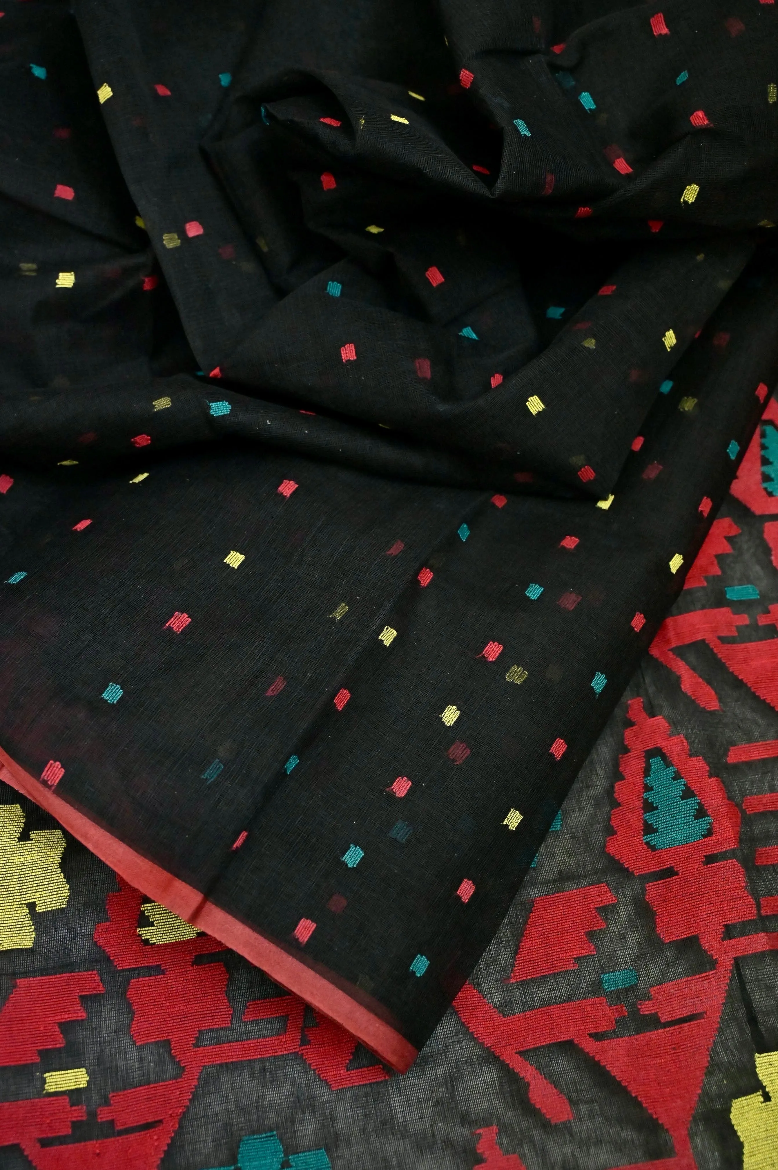 Black Color Bangladeshi Jamdani Saree with Multicolored Buti Work