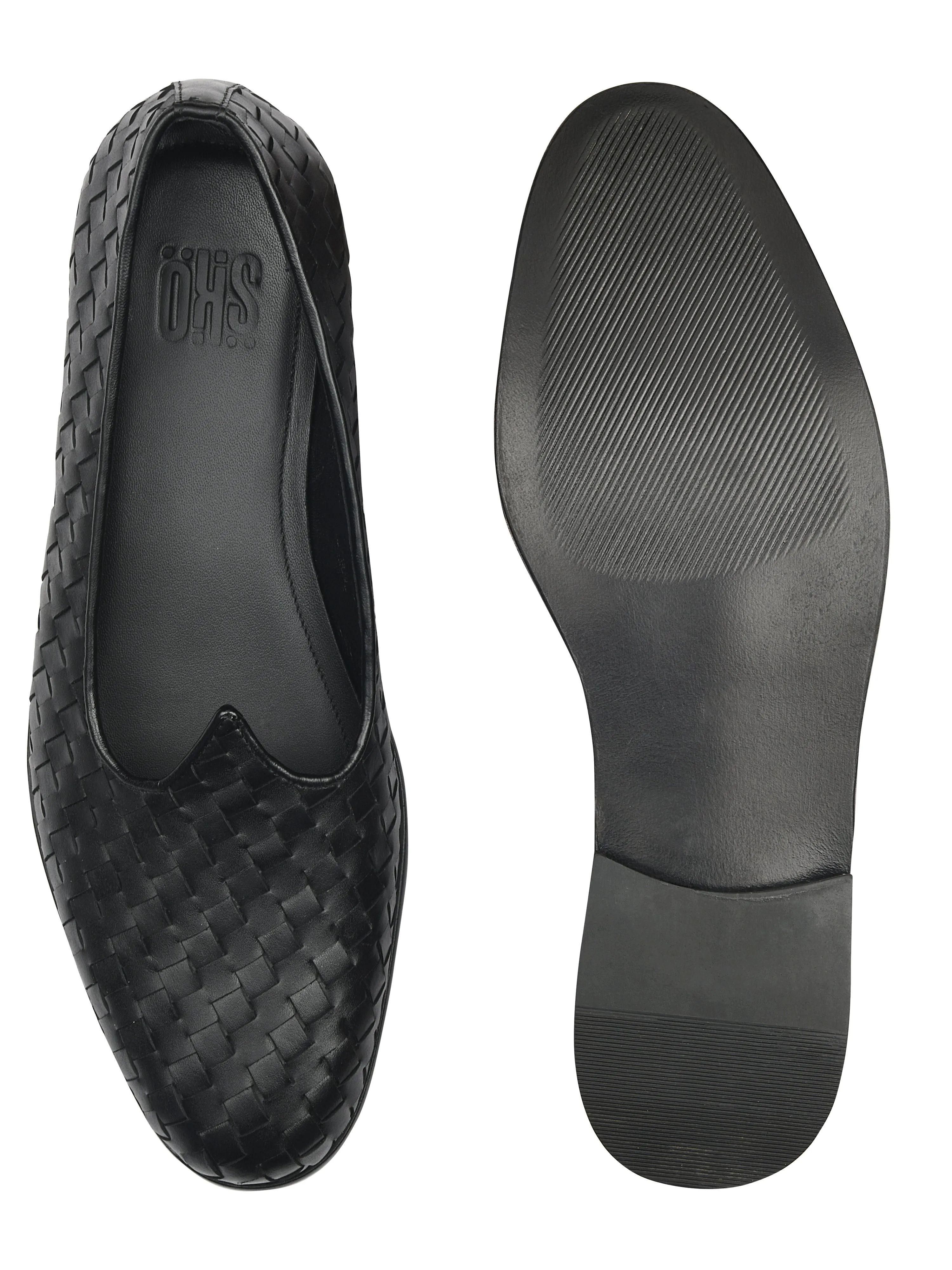 Black Leather Weave Mojris For Men