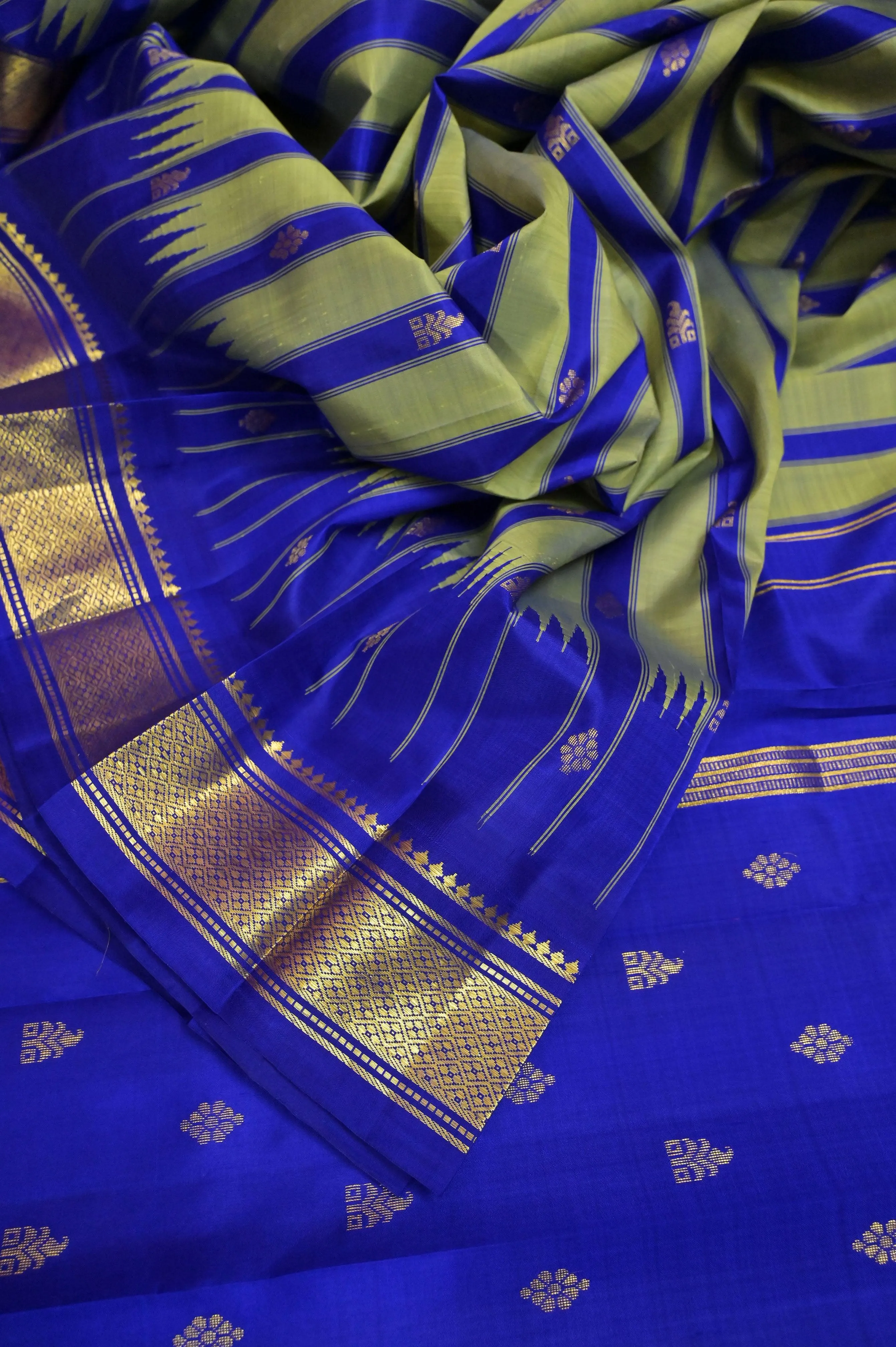 Blue and Pista Green Color Pure Kanjeevaram Silk with Zari Temple Border and Allover Buti Stripe