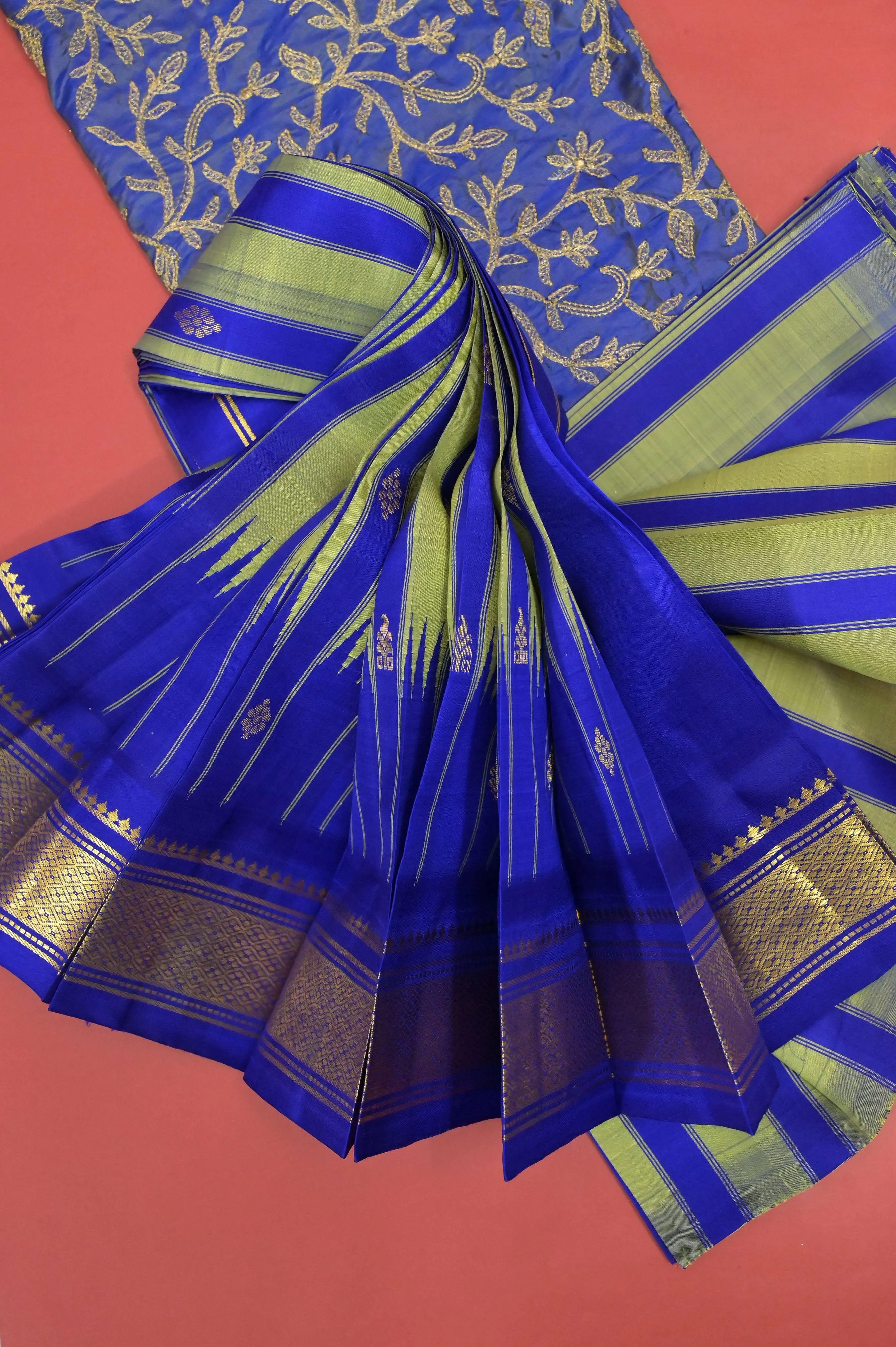 Blue and Pista Green Color Pure Kanjeevaram Silk with Zari Temple Border and Allover Buti Stripe