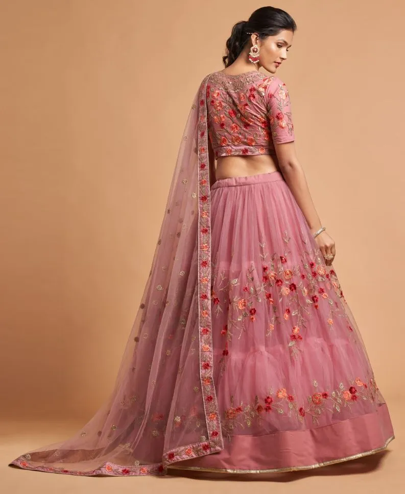 Blush Pink Sequins Work Net Lehenga Set - Rent