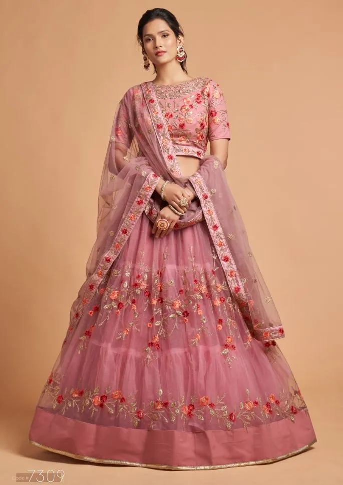 Blush Pink Sequins Work Net Lehenga Set - Rent