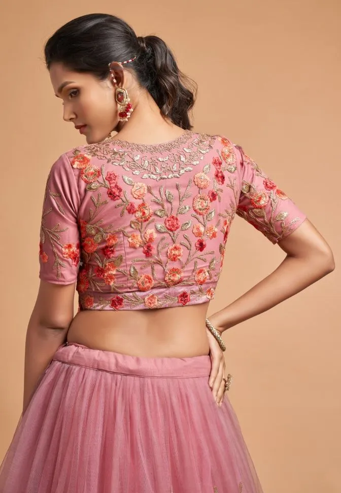 Blush Pink Sequins Work Net Lehenga Set - Rent