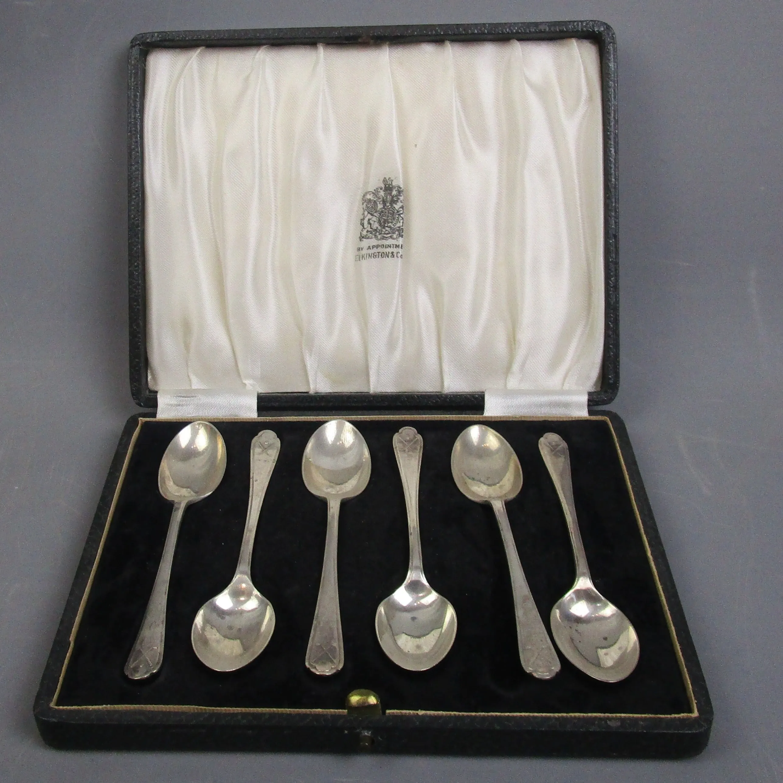 Boxed Set Of 6 George V Sterling Silver Spoons Golfing Interest Sheffield Vintage Art Deco 1933