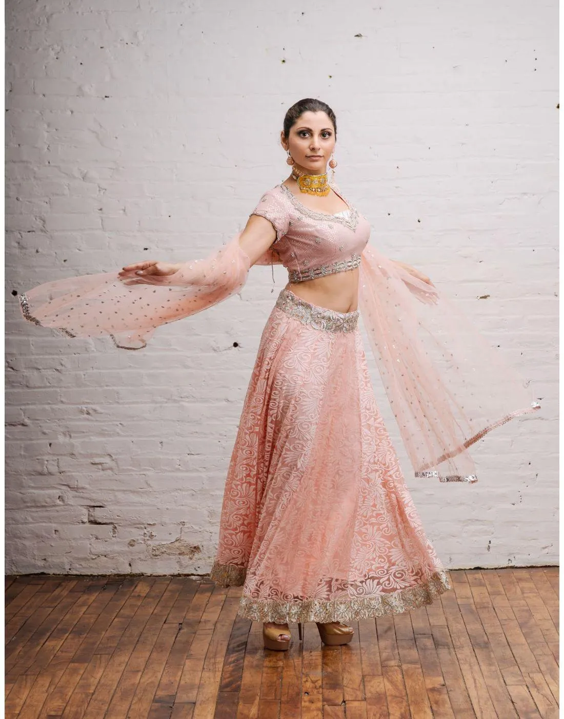 Buy Pink Embroidered Blouse with Brasso Lehenga | Clearance