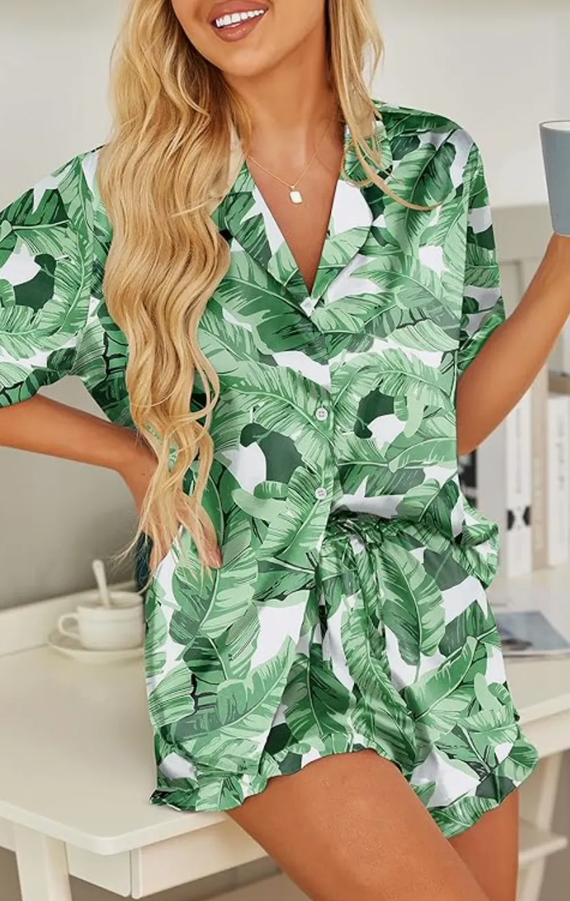 Carrie Satin PJs | Solid Grey | Green