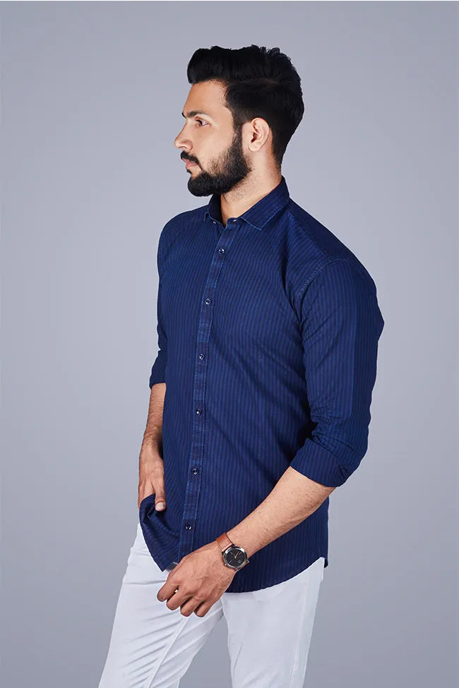 Casual Shirts for Men - Men Stripes Cotton Shirt Blue