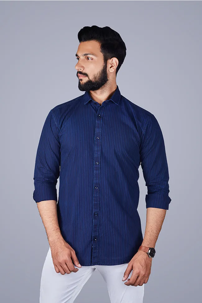 Casual Shirts for Men - Men Stripes Cotton Shirt Blue