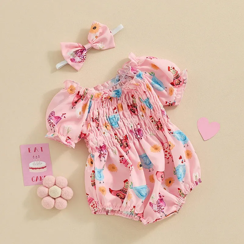 CHICKENS Pink Romper with Headband