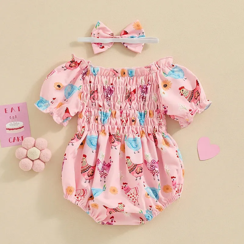 CHICKENS Pink Romper with Headband