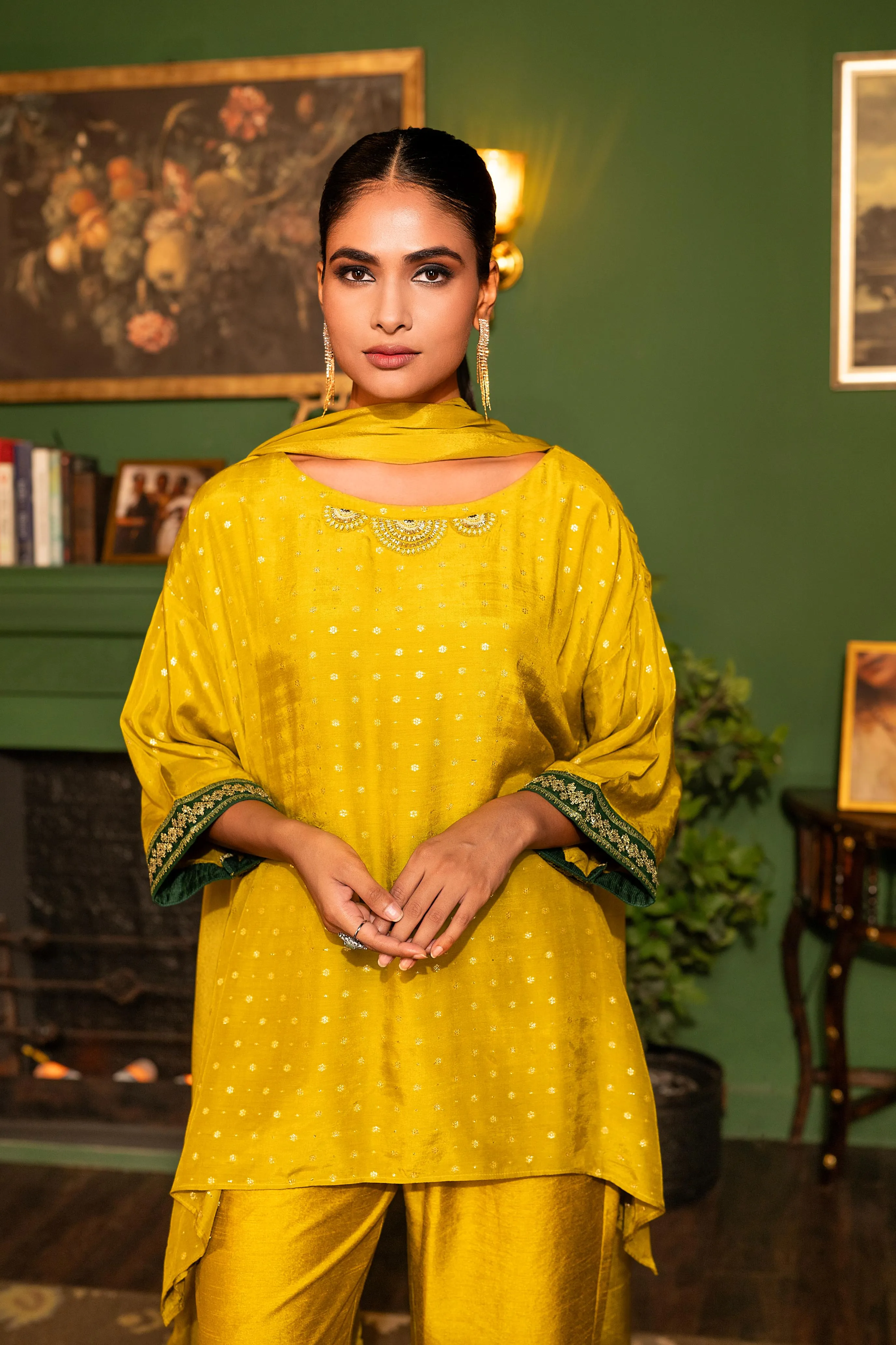 Classic Yellow Embroidered Raw Silk Palazzo Set