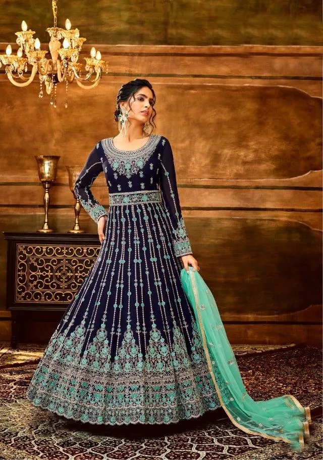 Classy Blue colored heavy Anarkali Set - Rent