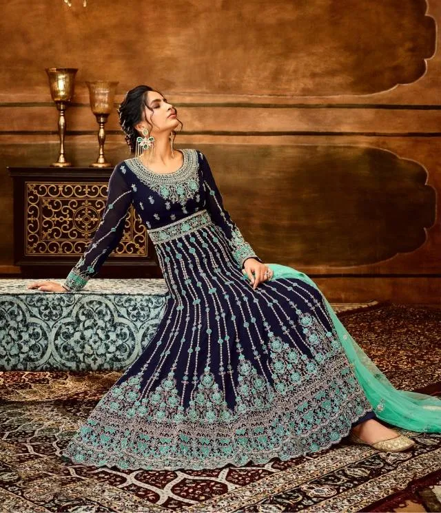 Classy Blue colored heavy Anarkali Set - Rent