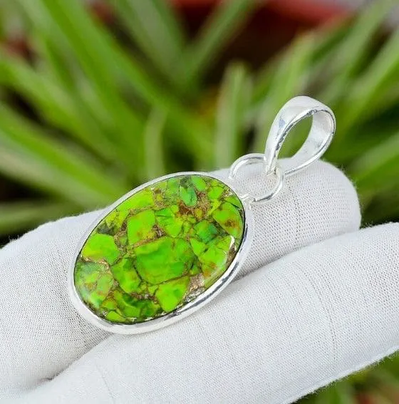 Copper Green Turquoise Gemstone 925 Sterling Silver Handmade Pendant