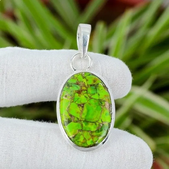 Copper Green Turquoise Gemstone 925 Sterling Silver Handmade Pendant