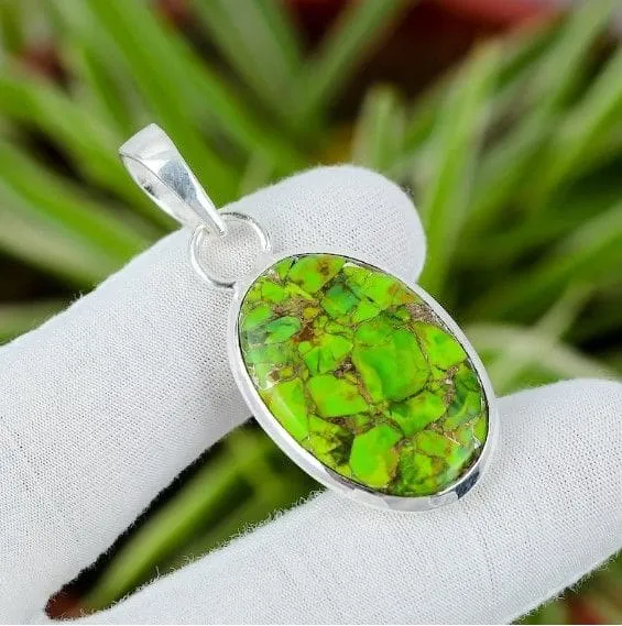 Copper Green Turquoise Gemstone 925 Sterling Silver Handmade Pendant