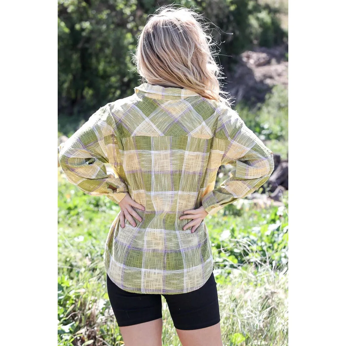 Cotton & Linen Blend Textured Plaid Shirt Top