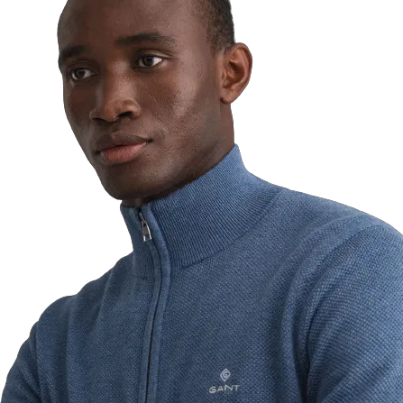 Cotton Pique Half Zip Pullover - Denim Blue