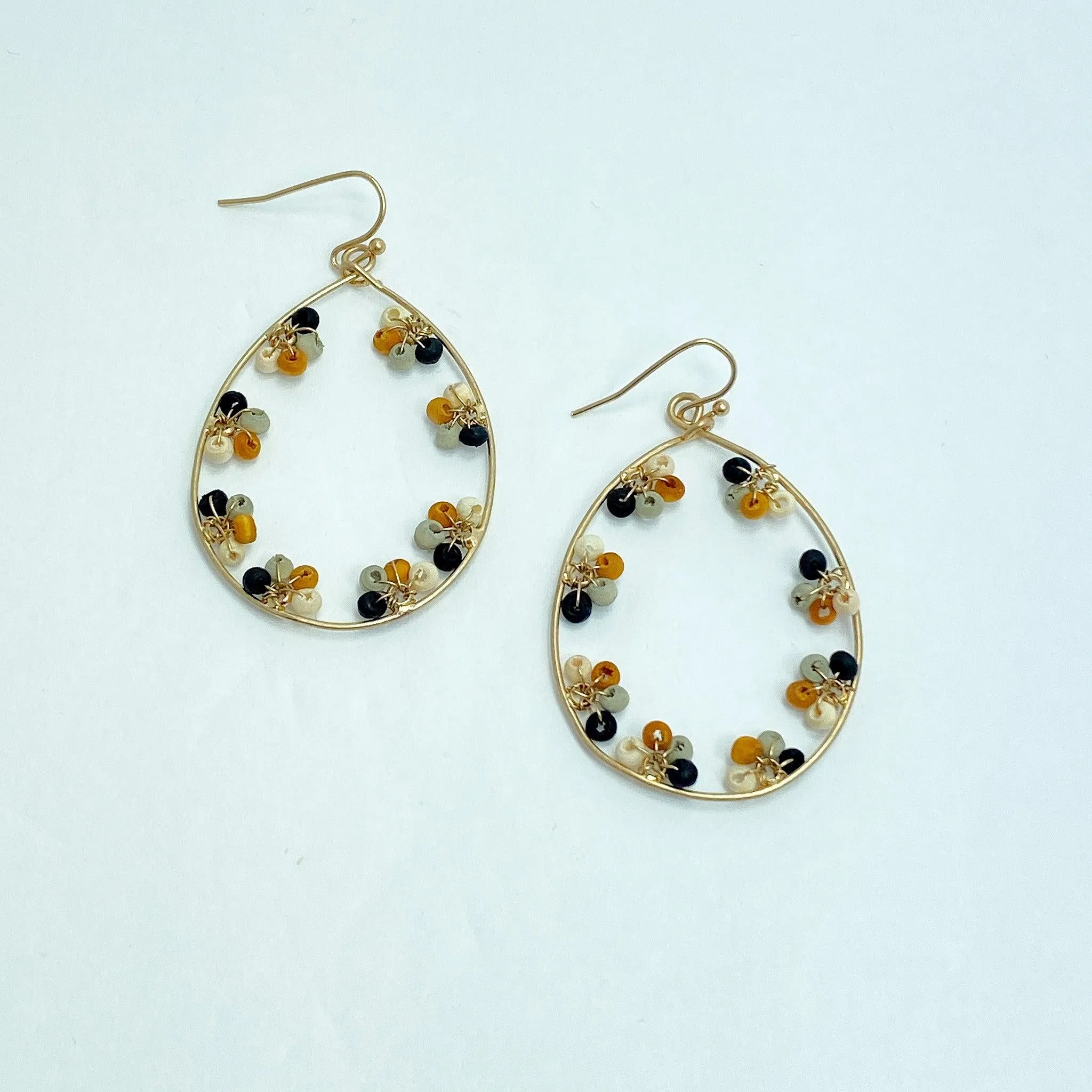 Cream Black & Gold Teardrop Beaded Earrings